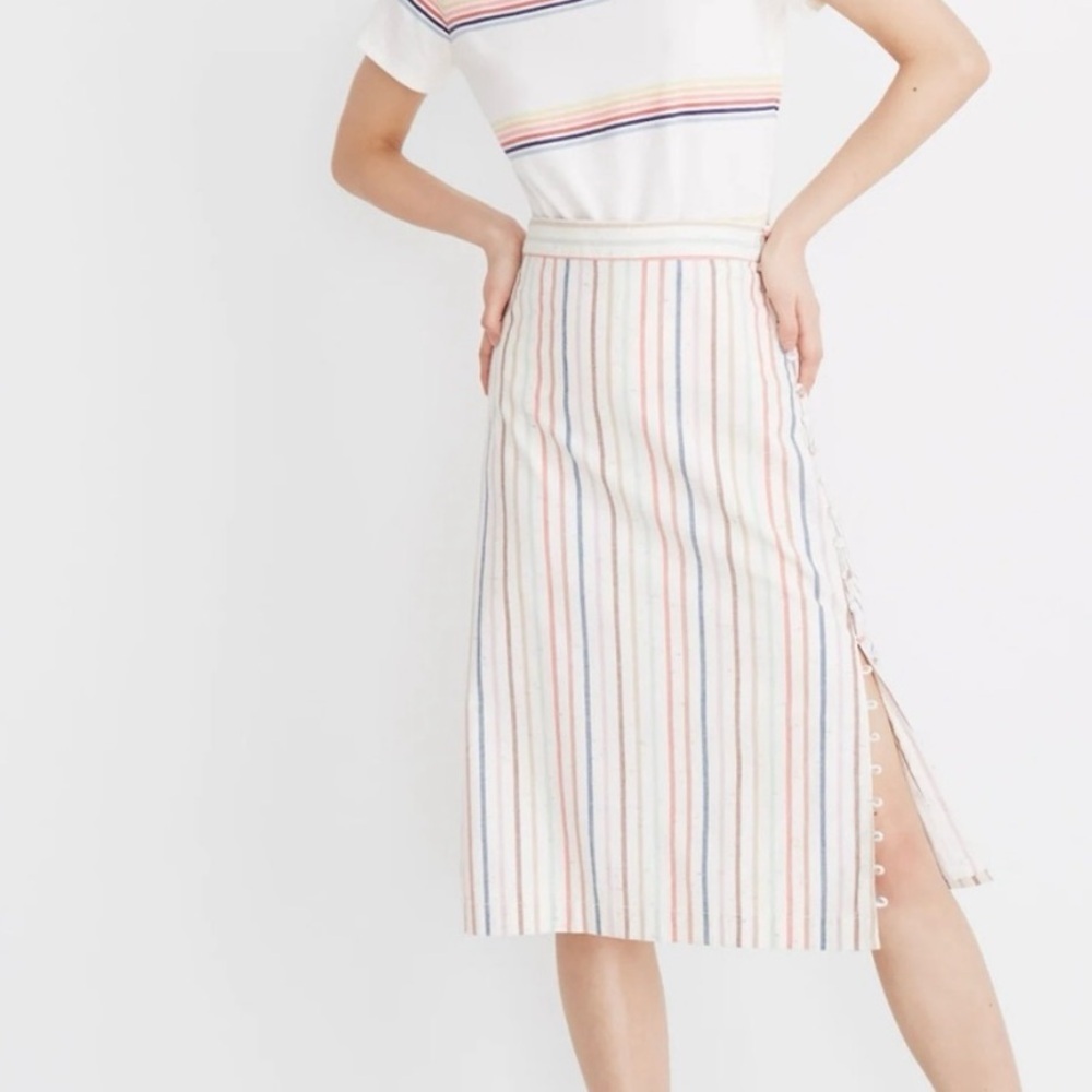 Madewell Button Slit Midi Skirt in Flecked Rainbow Stripe Size 00